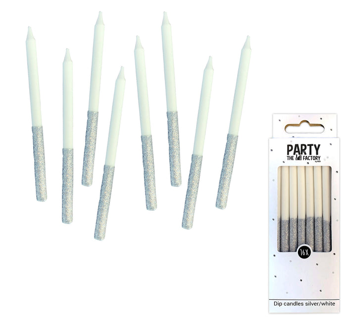 Velas Glitter Dip Blanco Plata 8cm 16pcs