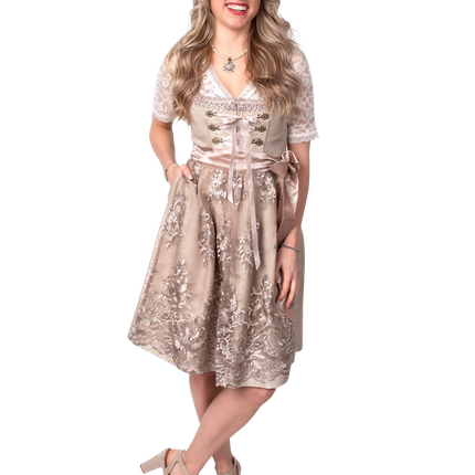 Rosa Blanco Crema Vestido Dirndl Oktoberfest Mujer Jaquard