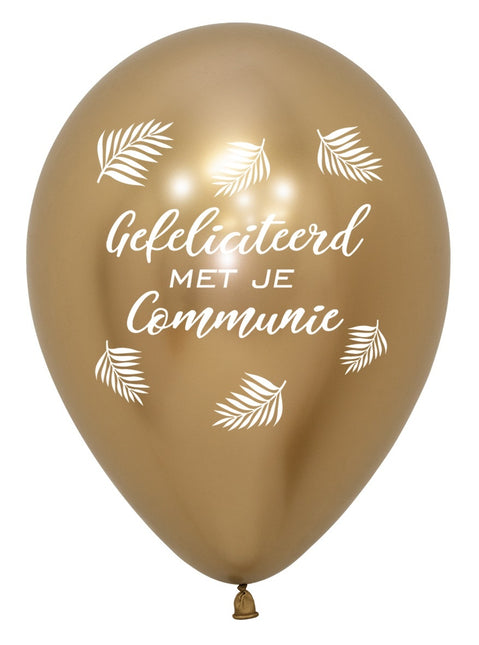 Globos Felicidades Por Tu Comunión Palmeras Reflejo Oro 30cm 25pcs