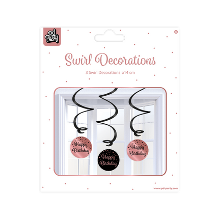 Decoración colgante Feliz Cumpleaños Negro Rosa 17cm 3pcs