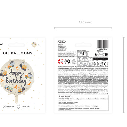 Feliz Cumpleaños Globo de Helio Vehículos de Construcción Vacío 45cm