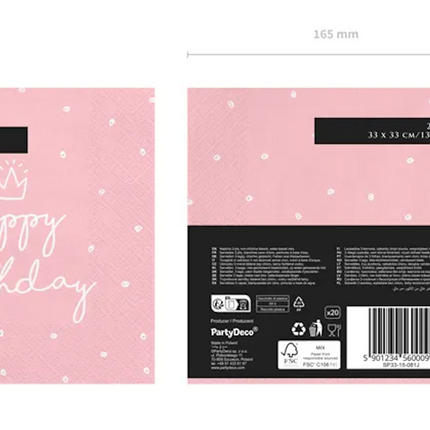 Servilletas Feliz Cumpleaños Rosa 33cm 20pcs