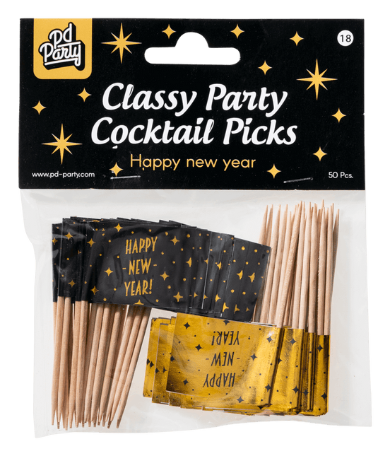 Palitos de cóctel Feliz Año Nuevo 6,5cm 50uds.