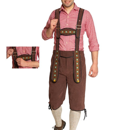 Lederhose Johann met Verstelbare Bretels Donkerbruin Lang van Partychimp koop je bij Partywinkel