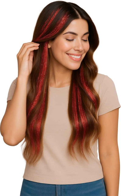 Rood Hair Extension Glitters 50cm 3st van Fiestas Guirca koop je bij Partywinkel