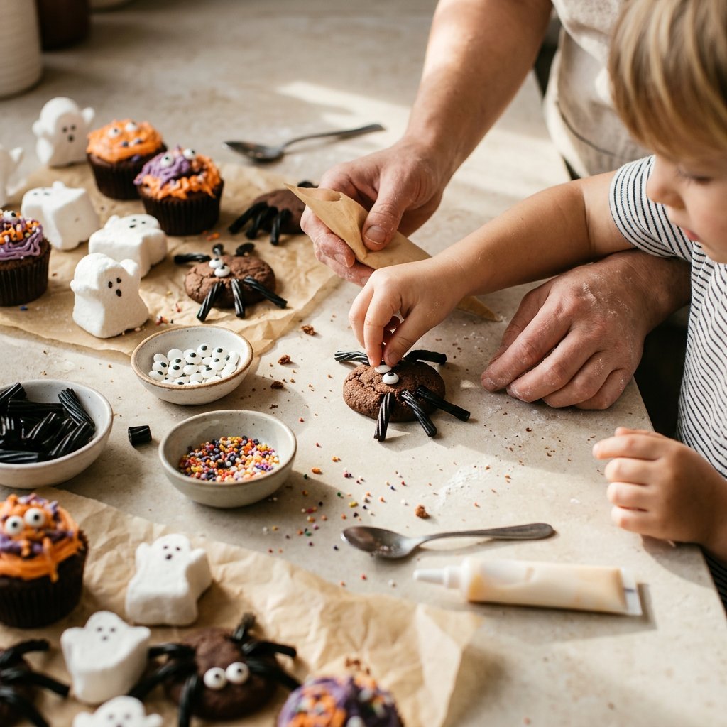 A child's hands decorating a variety of homemade Halloween treats like ghost-shaped marshmallows, spider cookies, and monster cupcakes on a festive table.