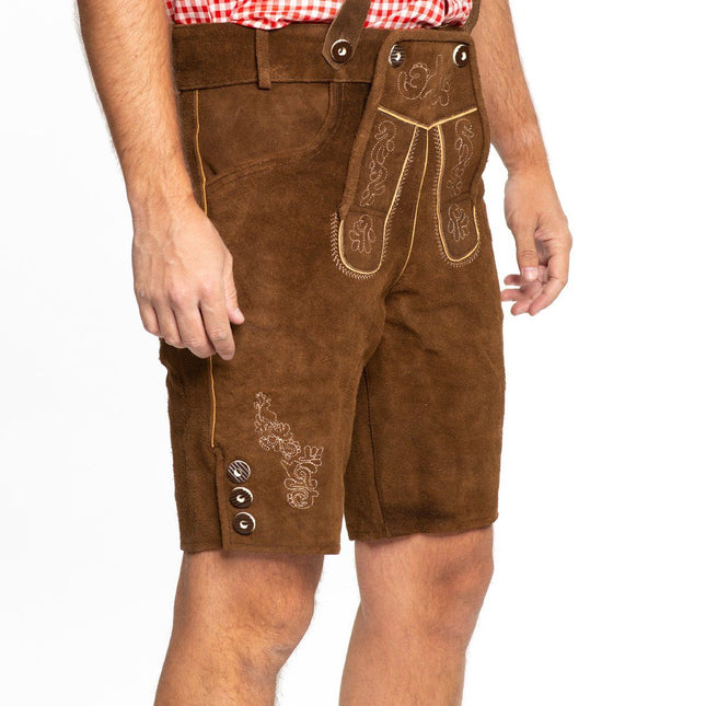 Lederhose Corto de Cuero Marrón Oscuro y Tirantes