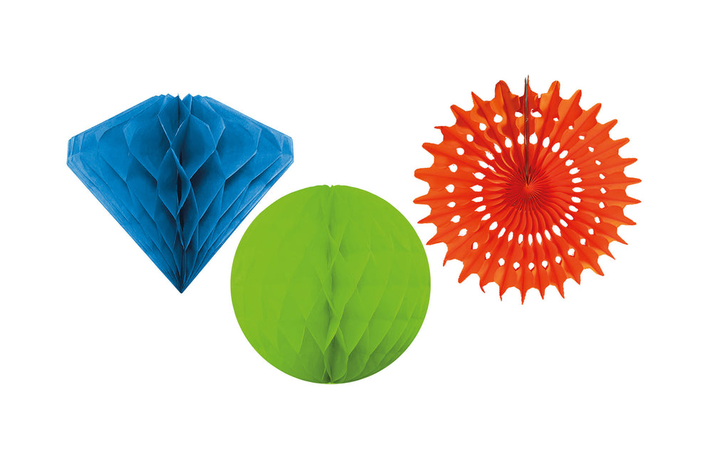 Party Essentials Kit de Decoraciones Colgantes de Panal 3 Mixtas, Bola 15Cm Verde Claro, Diamante 20Cm Azul Claro, Abanico Naranja 3St