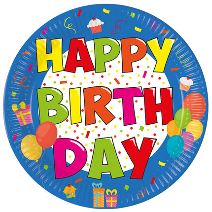 Platos Feliz Cumpleaños Papel de Colores 23cm 8pcs
