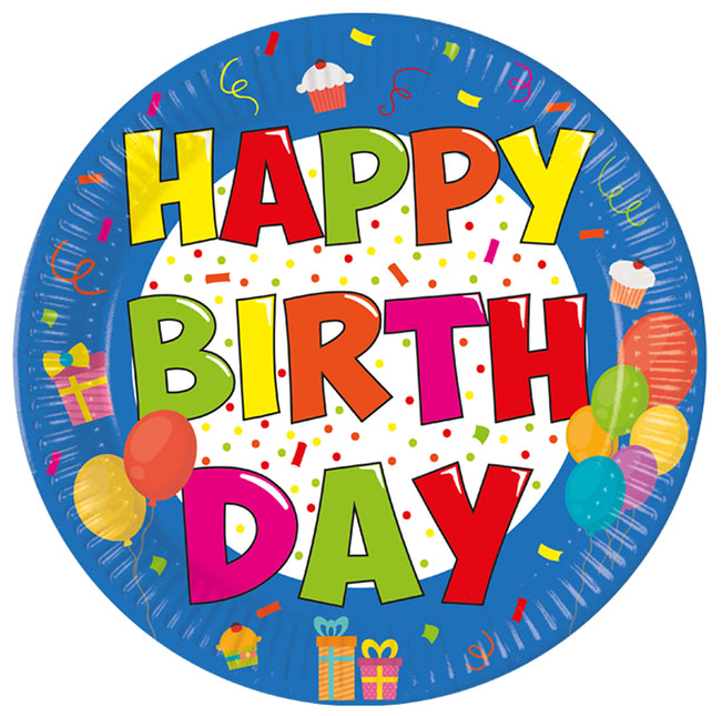 Platos Feliz Cumpleaños Papel de Colores 23cm 8pcs