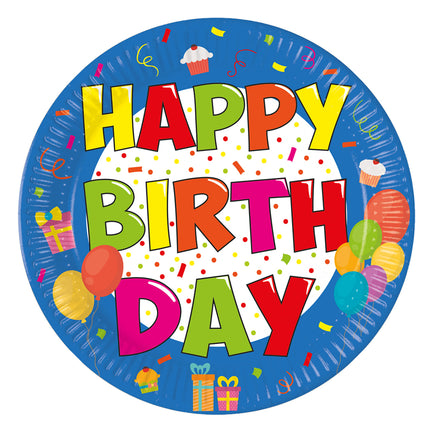 Platos Feliz Cumpleaños Papel de Colores 20cm 8pcs