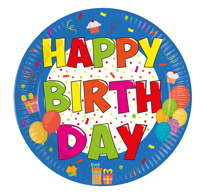 Platos Feliz Cumpleaños Papel de Colores 20cm 8pcs