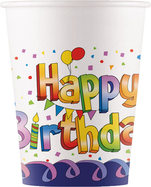 Vasos de Papel Fsc Multicolor Feliz Cumpleaños 200Ml (Wm) 8St