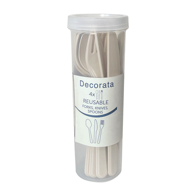 Set de Cubiertos Reutilizables Party Reusable Products Beige (4 Cucharas 4 Tenedores 4 Cuchillos) En Tubo 1St