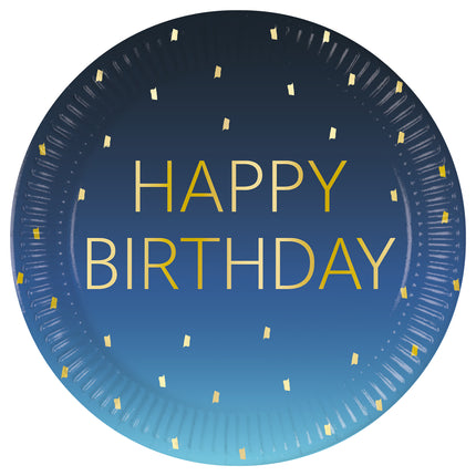 Happy Birthday Dorado Azul Fsc Platos de Papel Next Generation Grandes 23Cm 8St