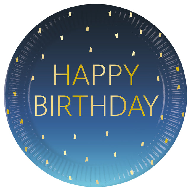 Happy Birthday Dorado Azul Fsc Platos de Papel Next Generation Grandes 23Cm 8St