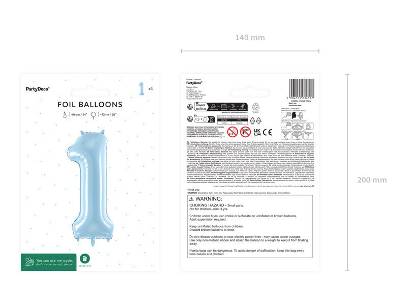 1 Jaar Cijfer Ballon Lichtblauw Leeg 72cm van Partydeco koop je bij Partywinkel