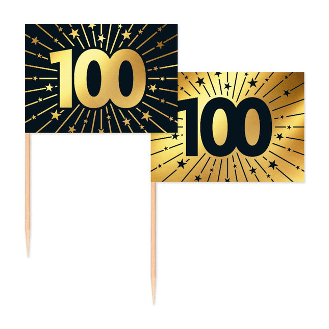 100 Jaar Cocktailprikkers Goud Zwart 50st van WeFiesta koop je bij Partywinkel