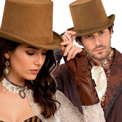 SOMBRERO ALTO VINTAGE DE ANTE MARRÓN 15 CM