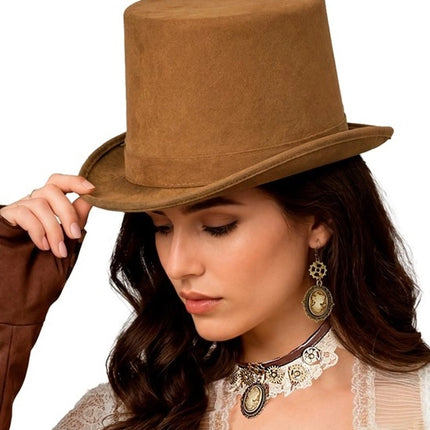 SOMBRERO ALTO VINTAGE DE ANTE MARRÓN 15 CM