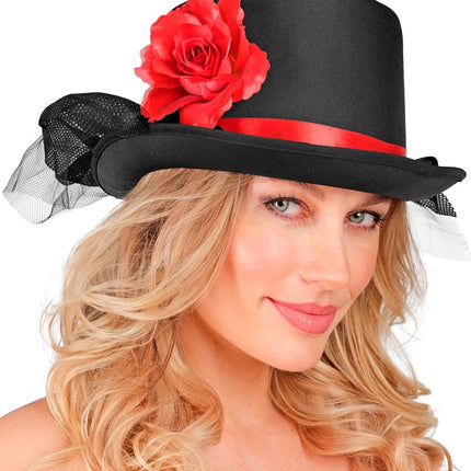 SOMBRERO DE COPA NEGRO CON TUL Y ROSA ROJA