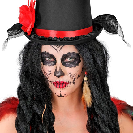 SOMBRERO DE COPA NEGRO CON TUL Y ROSA ROJA