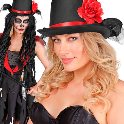 SOMBRERO DE COPA NEGRO CON TUL Y ROSA ROJA