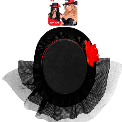 SOMBRERO DE COPA NEGRO CON TUL Y ROSA ROJA