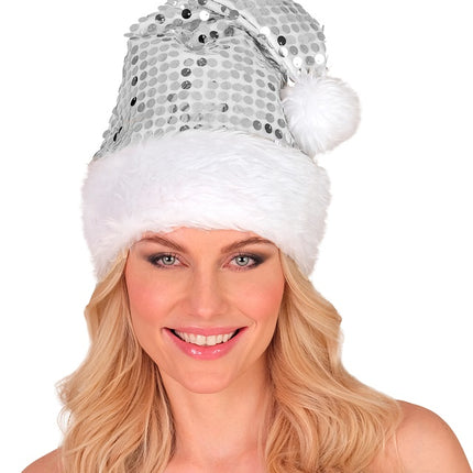 GORRO SANTA FELPA Y LENTEJUELAS PLATA