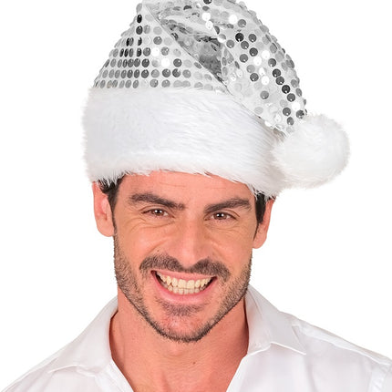 GORRO SANTA FELPA Y LENTEJUELAS PLATA