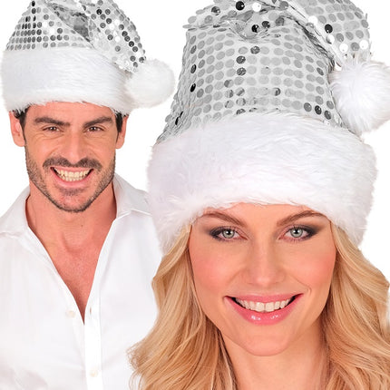 GORRO SANTA FELPA Y LENTEJUELAS PLATA