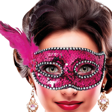 Máscara Ojos Rosa Plumas Adulto