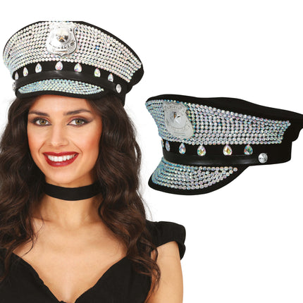 Gorra de policía negra con purpurina plateada