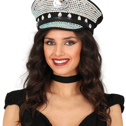 Gorra de policía negra con purpurina plateada