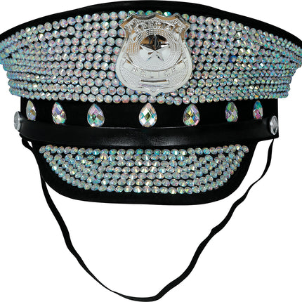 Gorra de policía negra con purpurina plateada