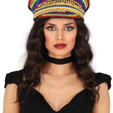Gorra arcoíris con purpurina
