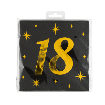 18 Jaar Servetten Zwart Goud 19cm 16st - Partywinkel - 8716764238055
