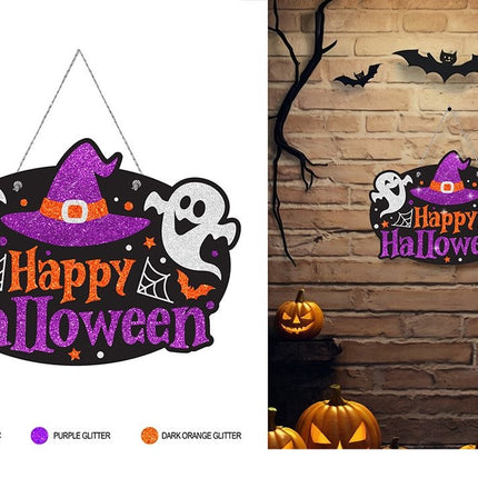 Cartel de Halloween para la puerta, morado con purpurina, 37 cm