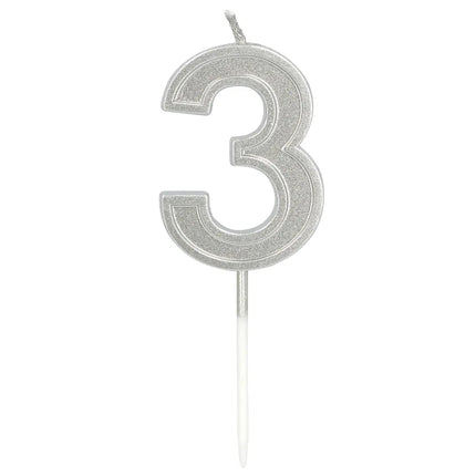 Vela Elegant «3» plateada con palito (3 x 4,2 x 0,7 cm)