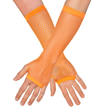 Un par de guantes hasta el codo de malla en naranja neón