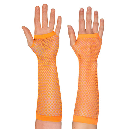 Un par de guantes hasta el codo de malla en naranja neón