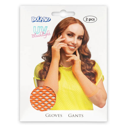 Un par de guantes hasta el codo de malla en naranja neón