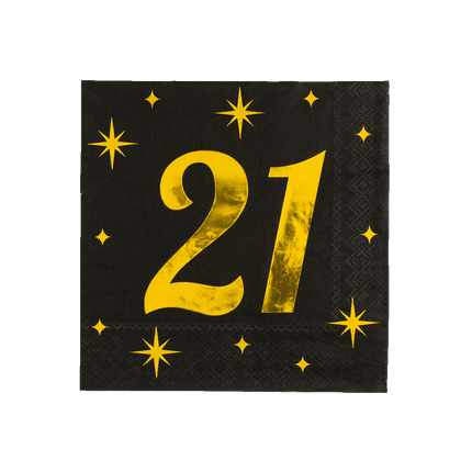 21 Jaar Servetten Zwart Goud 19cm 16st - Partywinkel - 8716764238116