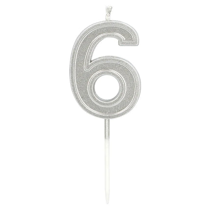 Vela Elegant «6» plateada con palito (3 x 4,2 x 0,7 cm)