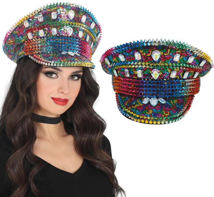 Gorro de policía multicolor con tachuelas, adulto