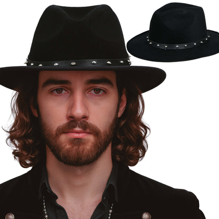 Sombrero vaquero de fieltro negro con tachuelas, para adultos