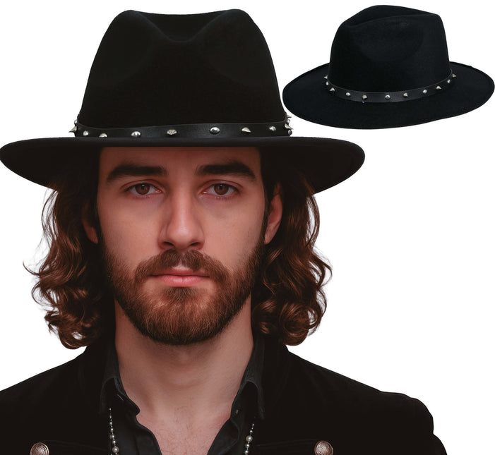Sombrero vaquero de fieltro negro con tachuelas, para adultos