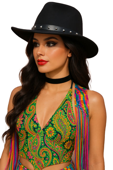 Sombrero vaquero de fieltro negro con tachuelas, para adultos