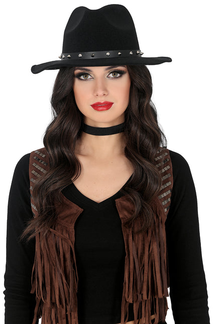 Sombrero vaquero de fieltro negro con tachuelas, para adultos