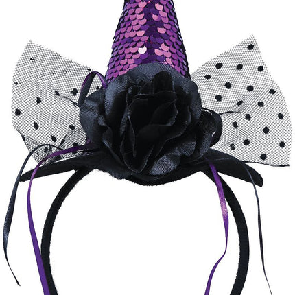 Diadema de Halloween Mini Sombrero de Bruja Lentejuelas Moradas